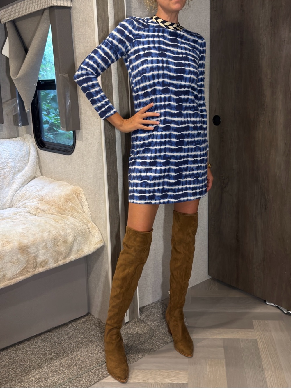 Tory Burch Hollie Cotton Tie Dye Long Sleeve Mini Dress in Blue White Gray XS